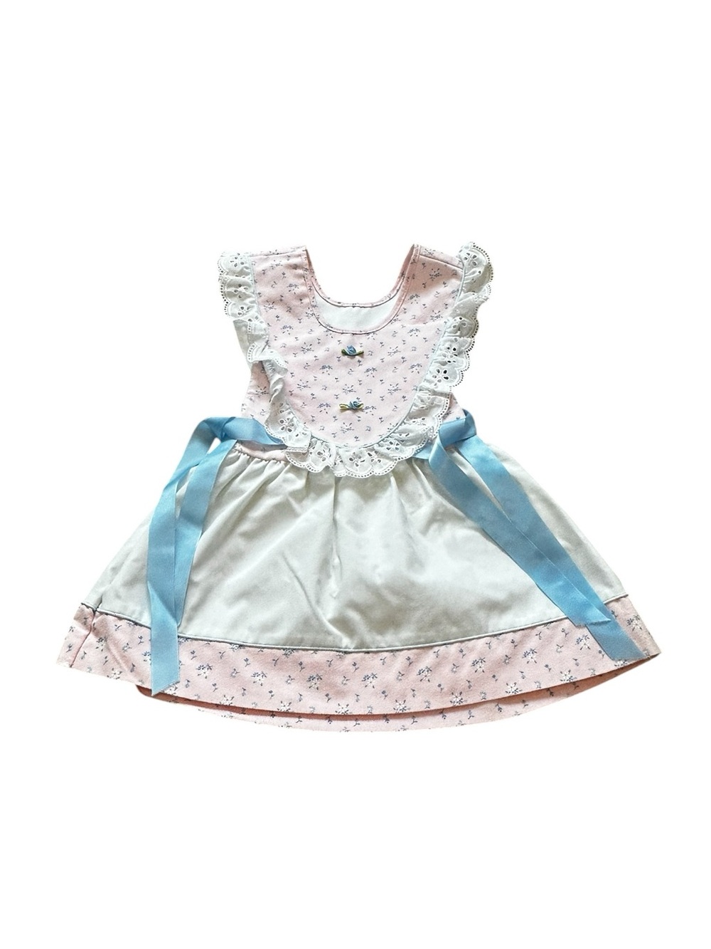 Vintage Girls Pink Floral Apron Dress Eyelet Trim Ribbons Cottagecore Prairie